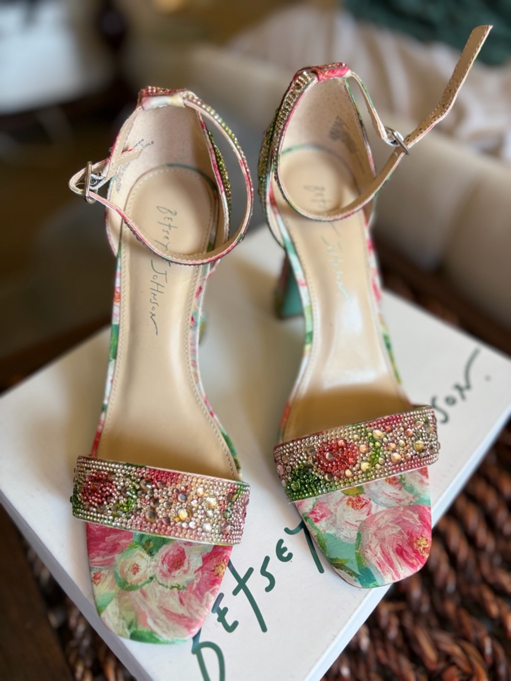 Betsey Johnson Pink and Green Floral Beaded Ankle-Strap Heels
